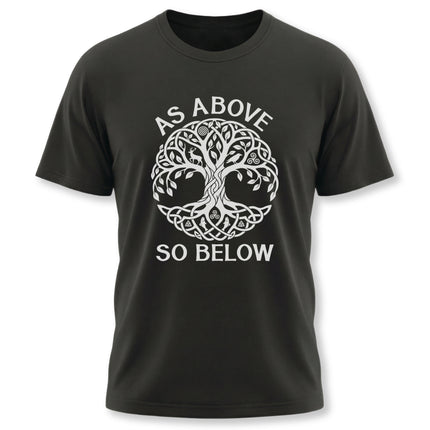Celtic Tree of Life graphic tee featuring "As Above So Below" text.