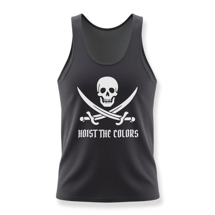 Black tank top featuring a pirate skull, crossed swords, and "Hoist the Colors" graphic.