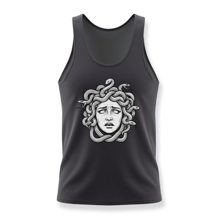 Medusa head illustration with snakes for hair on a black tank top.