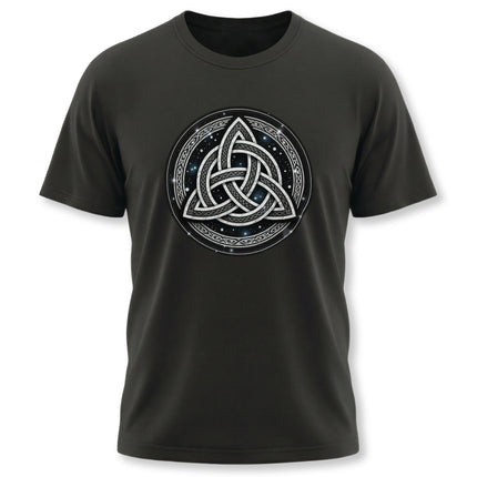 Celtic Triquetra knotwork graphic on a black t-shirt.