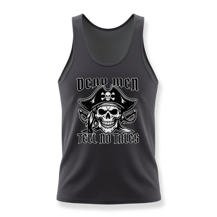 Dead Men Tell No Tales pirate skull graphic on a black men's tank top.
