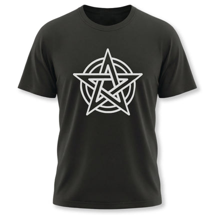Black t-shirt with white pentagram pentacle occult symbol graphic.