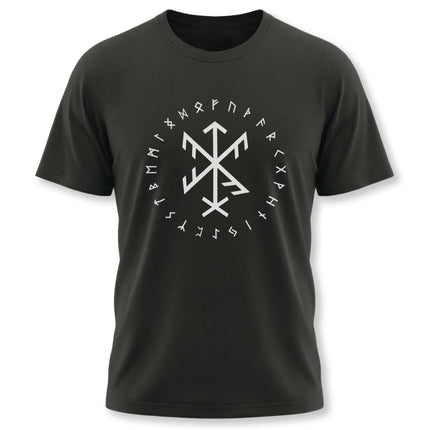 Norse bind rune sigil graphic tee featuring Elder Futhark runes and Viking symbols.
