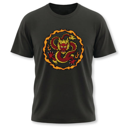 Red Chinese dragon graphic on a black t-shirt, symbolizing power, strength, and good luck.
