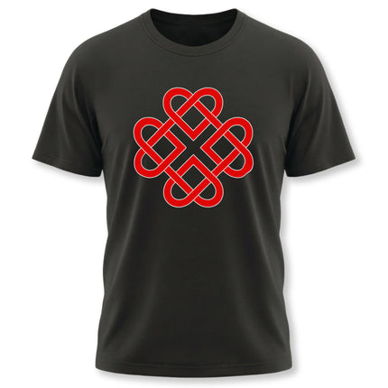Black t-shirt featuring a red Celtic knot love symbol design. Interwoven knotwork graphic tee.