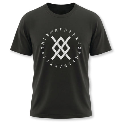 Black tee featuring a white Norse knot symbol and surrounding Viking runes.