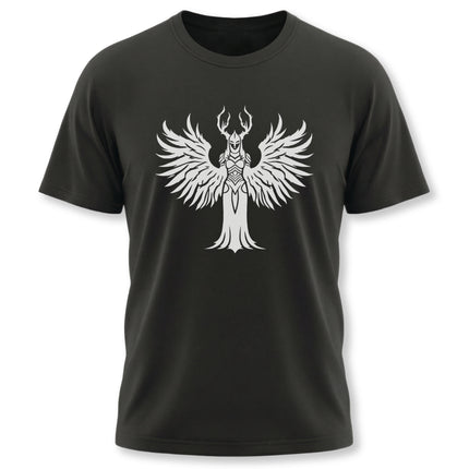 Valkyrie winged antler graphic tee featuring Norse mythology warrior design.