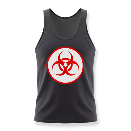 Black tank top featuring a bold red biohazard warning symbol graphic.