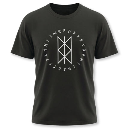 Norse rune circle and Web of Wyrd symbol on a black Viking mythology t-shirt.