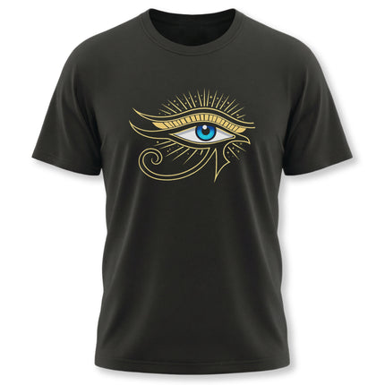 Ancient Egyptian Eye of Horus symbol graphic tee on a black t-shirt.