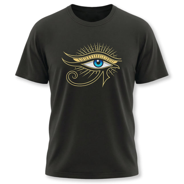 Ancient Egyptian Eye of Horus symbol graphic tee on a black t-shirt.