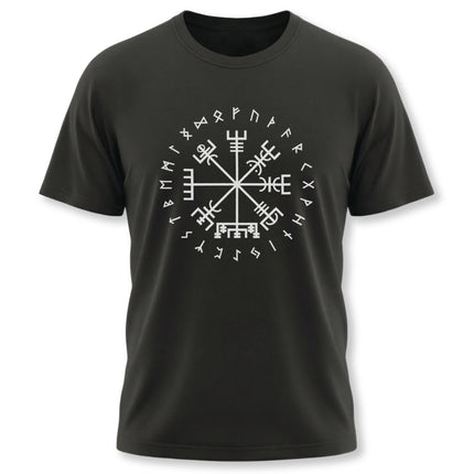 Black t-shirt featuring a circular Vegvisir rune compass graphic with Norse runes.