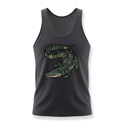Tribal geometric crocodile design on a black streetwear tank top, featuring Mayan-inspired art.