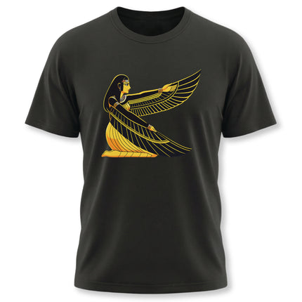 Egyptian goddess wings graphic tee featuring stylized ancient Egyptian mythology design.