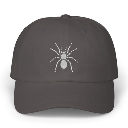 Embroidered tarantula spider design on a dark baseball cap.