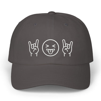 Embroidered rock hand and tongue emoji design on a dark grey baseball cap.