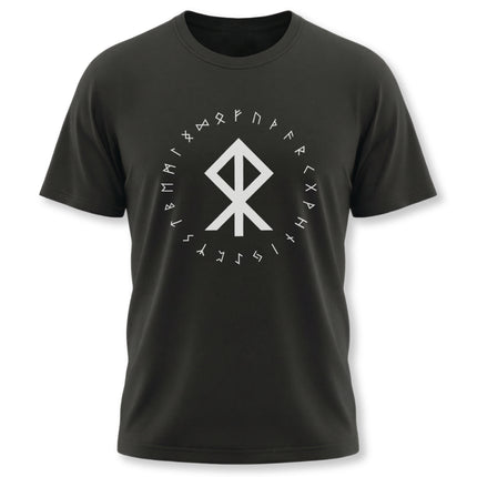 Norse rune graphic tee featuring the Elder Futhark circle and protective Viking symbols.