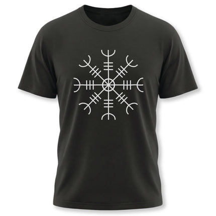 Black t-shirt with white Aegishjalmur graphic. Norse Helm of Awe symbol design.