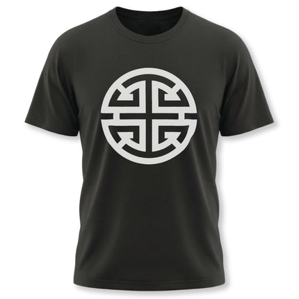 Black t-shirt featuring the white Chinese Lu symbol for prosperity and good fortune.