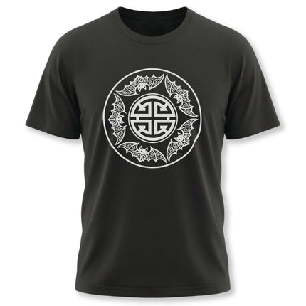 Black t-shirt featuring Chinese Five Blessings (Wufu) and bat graphic symbolism.
