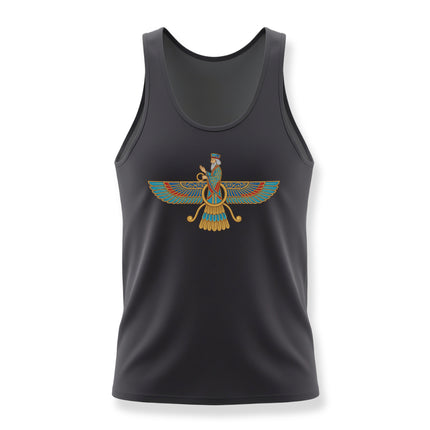 Faravahar symbol graphic on a black tank top, celebrating Zoroastrian Persian culture and heritage.