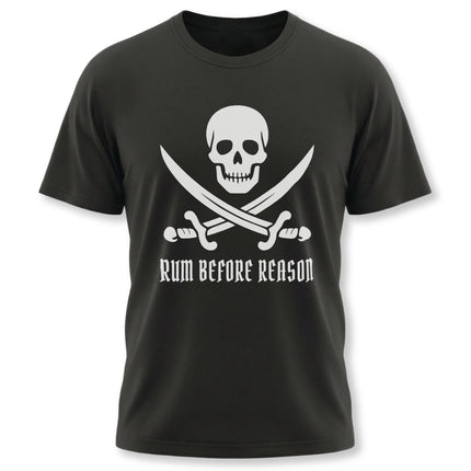 Black t-shirt with a pirate skull, crossed swords, and the text "Rum Before Reason.