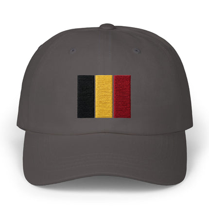 Embroidered Belgian flag cap in black, yellow, and red on a dark baseball hat.