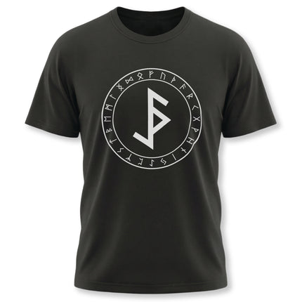 Norse Bind Rune t-shirt featuring the Elder Futhark circle design for protection.