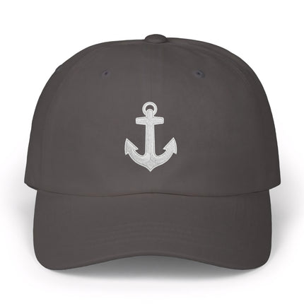 Charcoal baseball cap with white embroidered anchor symbol for nautical style.