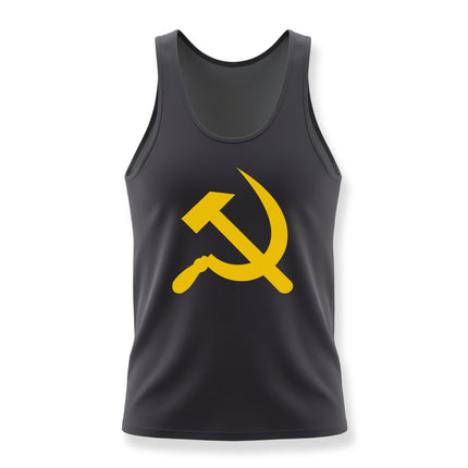 Black tank top with yellow hammer and sickle communist symbol graphic.
