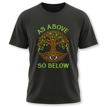 As Above So Below Tree of Life graphic tee on a black spiritual t-shirt.