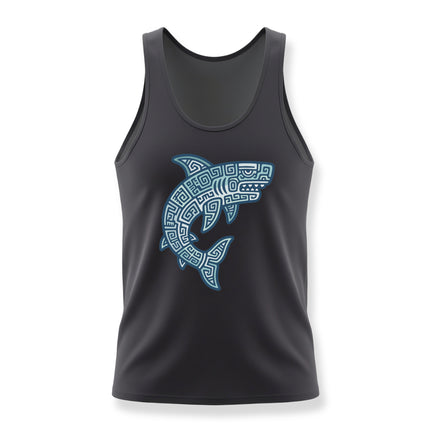 Blue tribal shark graphic featuring Mayan geometric patterns on a black tank top.