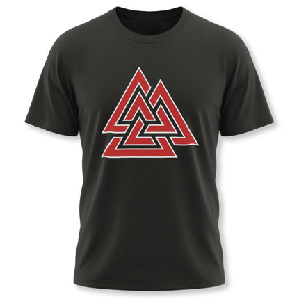 Red Valknut Norse symbol graphic on a black t-shirt.