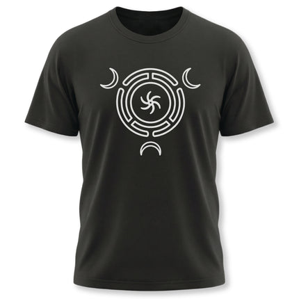 Witchcraft graphic tee featuring Hecate's Wheel and Triple Goddess moon symbol.