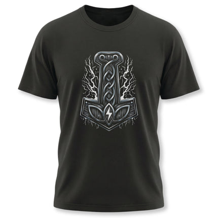 Thor's Mjolnir hammer Norse mythology graphic t-shirt design featuring lightning bolts and Viking style.