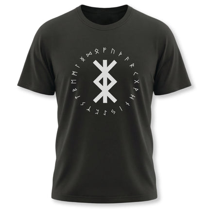Black t-shirt with Bind Rune and Elder Futhark runes, symbolizing Norse protection and Viking strength.