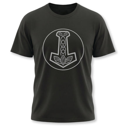 Minimalist Mjolnir hammer design on a black Norse mythology t-shirt.
