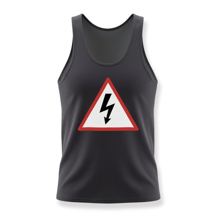 Black tank top featuring a red high voltage warning sign with a lightning bolt graphic.