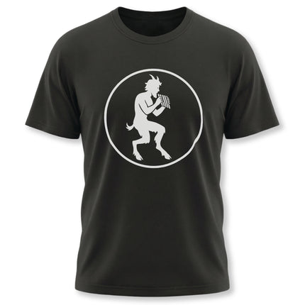 Minimalist Pan satyr silhouette graphic tee of the Greek god playing a flute.