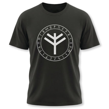 Algiz rune and Elder Futhark runic circle graphic on a black Norse t-shirt.