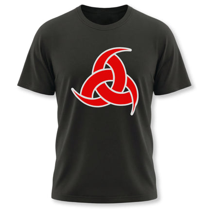 Red Odin's Horns Norse symbol graphic on a black unisex t-shirt.