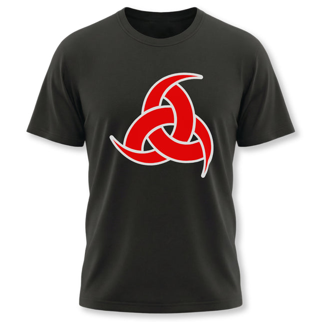 Red Odin's Horns Norse symbol graphic on a black unisex t-shirt.