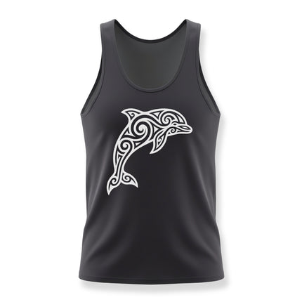 Tribal Celtic dolphin graphic design on a black tank top.