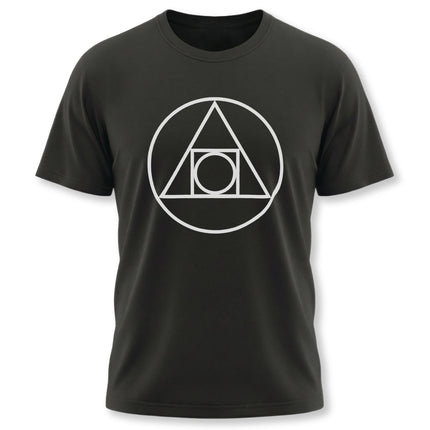 Black t-shirt featuring a white sacred geometry alchemy symbol for the Philosopher's Stone.