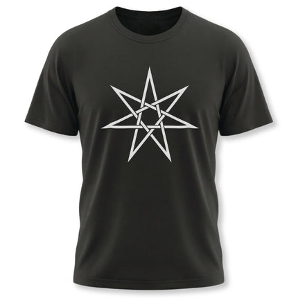 Black t-shirt featuring a white heptagram (7-pointed star) sacred geometry graphic design.