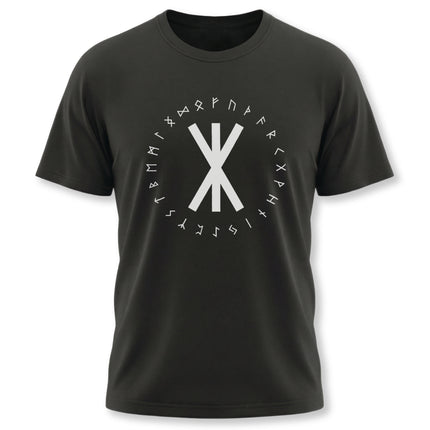 Norse rune t-shirt featuring the Elder Futhark alphabet and protective bind rune design.