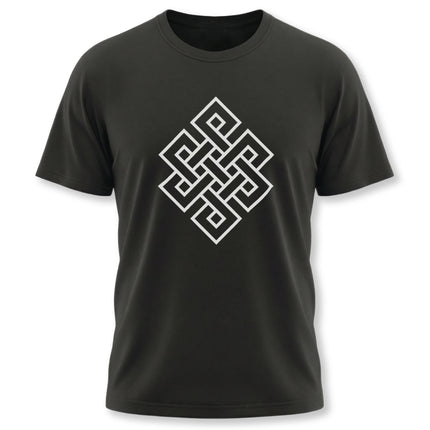 Black t-shirt with white Endless Knot Buddhist symbol print.