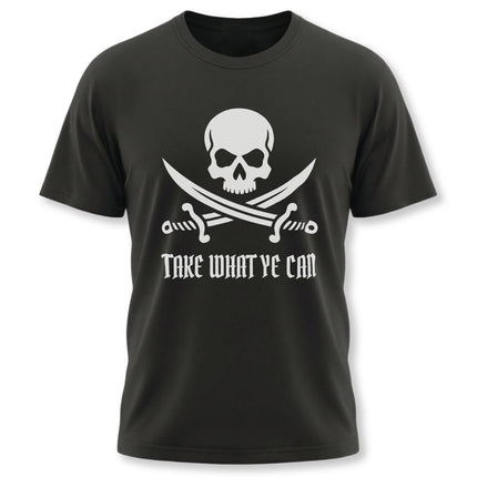 Pirate skull and crossed swords graphic tee with "Take What Ye Can" text.