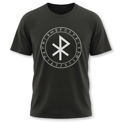 Black t-shirt featuring a circular Norse rune symbol for protection, representing Viking and pagan heritage.