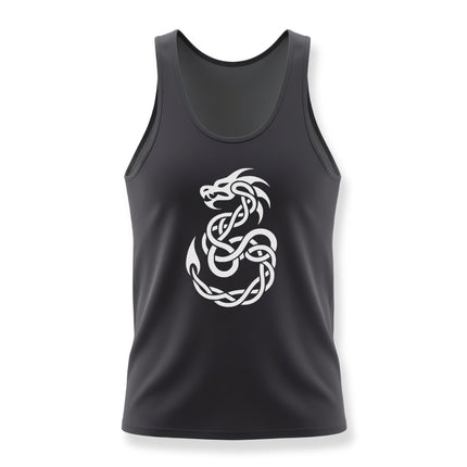 Knotwork dragon graphic on a black tank top. Celtic mythical creature design.